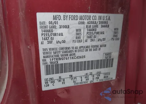 2001 Ford F150 Supercrew from USA, damaged, VIN 1FTRW07611KC42625